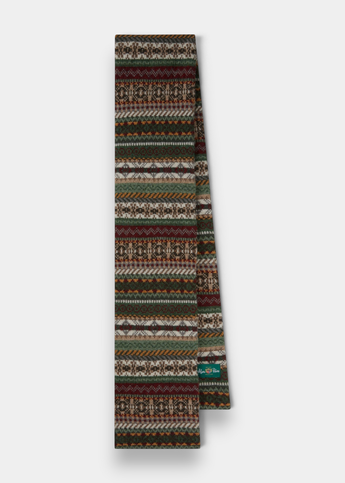 Alan Paine Tideswell men's knitted wool scarf in a seaweed green fair isle pattern with multi-coloured accents.