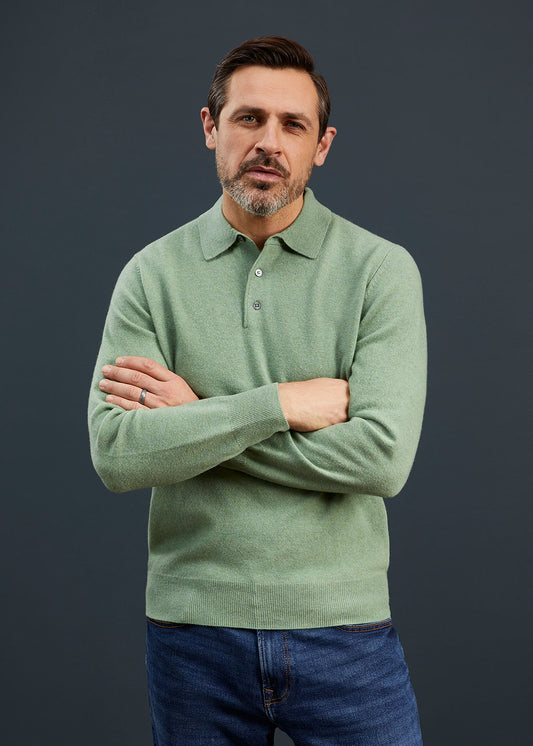 Men's Geelong Lambswool Long Sleeve Polo Shirt in Sage