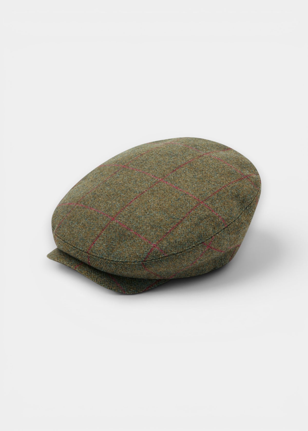 Combrook Men’s Tweed Waterproof Balmoral Cap in Sage with red check, shown on a white background.
