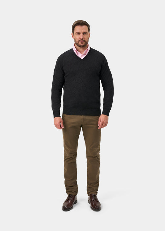 Haddington Pure Cashmere V-Neck Jumper In Charcoal - Regular Fit