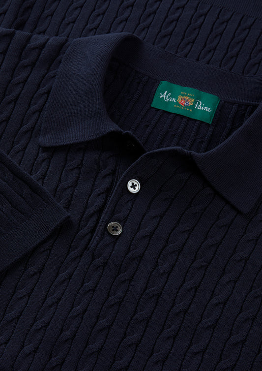 Men's Cotton Cable Polo Shirt in Navy