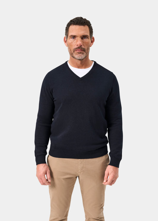 Men's Cotton Cashmere Vee Neck Jumper in Navy