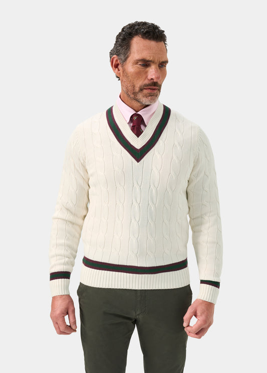 Men's Cotton Vee Neck Cricket Jumper in White, Purple and Green
