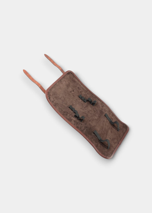Alan Paine brown leather cleaning roll with heavy duty harness leather, antique brass fittings, and bound edges.