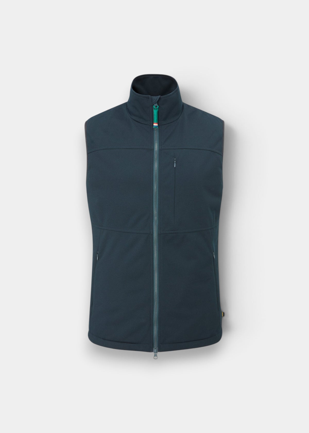 A sleeveless dark teal-gray zip-up vest with a stand-up collar, shown on a light gray background.