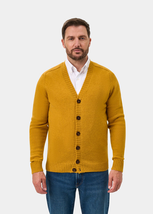 Kinloch Supersoft Shetland Wool V-Neck Cardigan In Old Gold