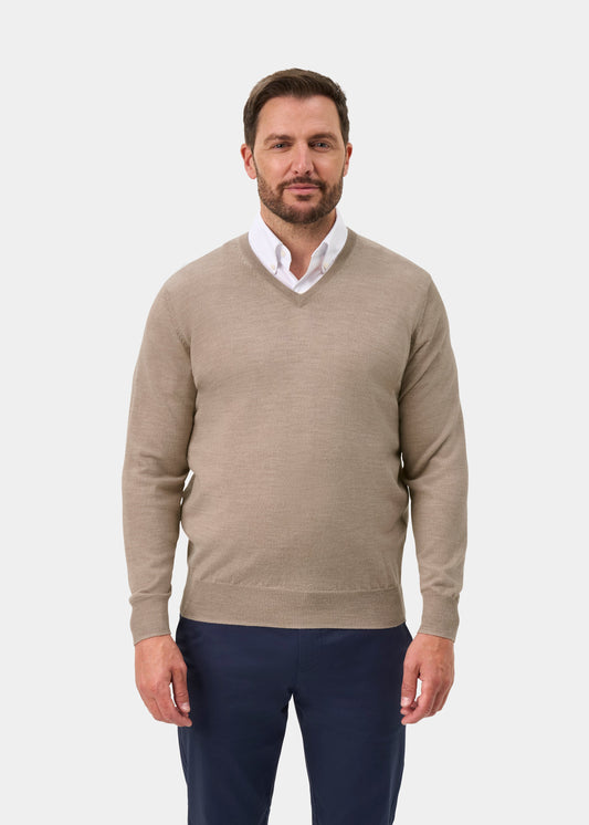 Millbreck Merino Wool V-Neck Jumper In Cobble - Regular Fit