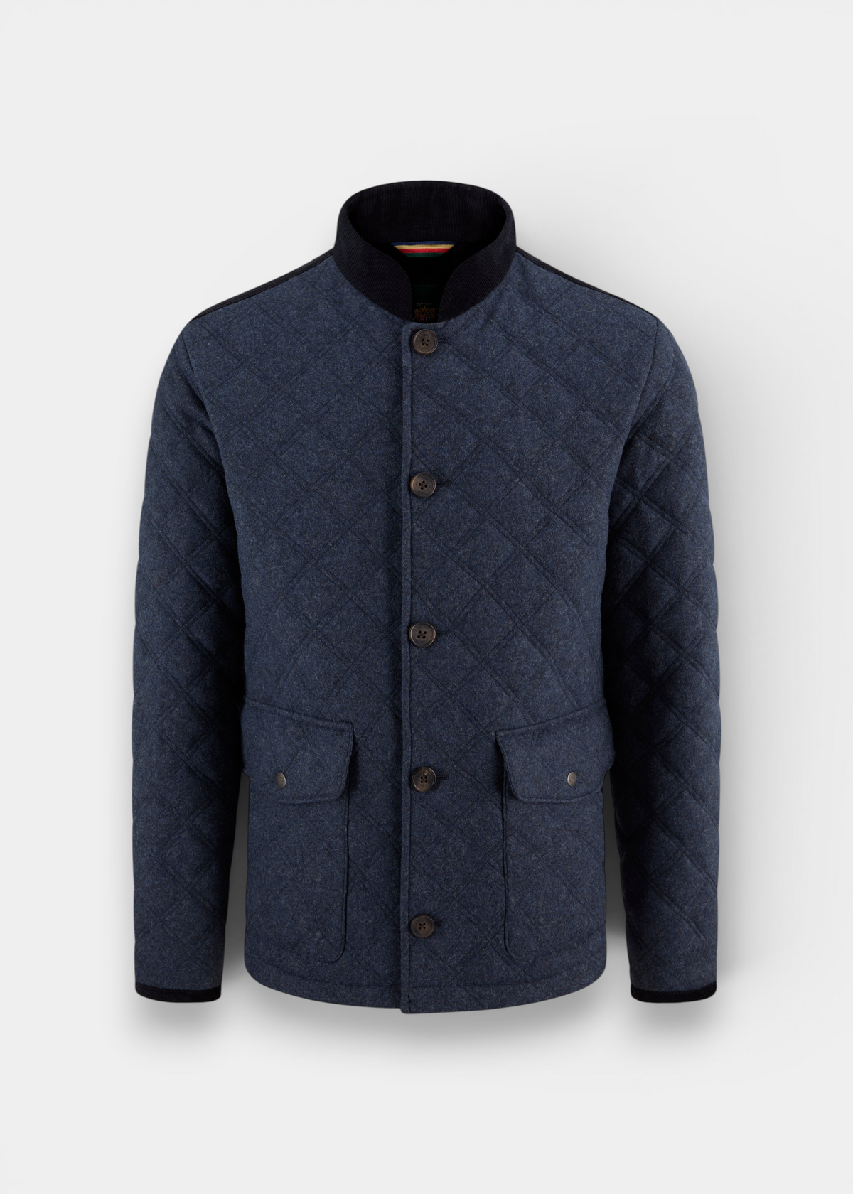 Richmond Men’s Barn Jacket In Navy featuring a quilted wool blend, high collar, button front, and two flap pockets.