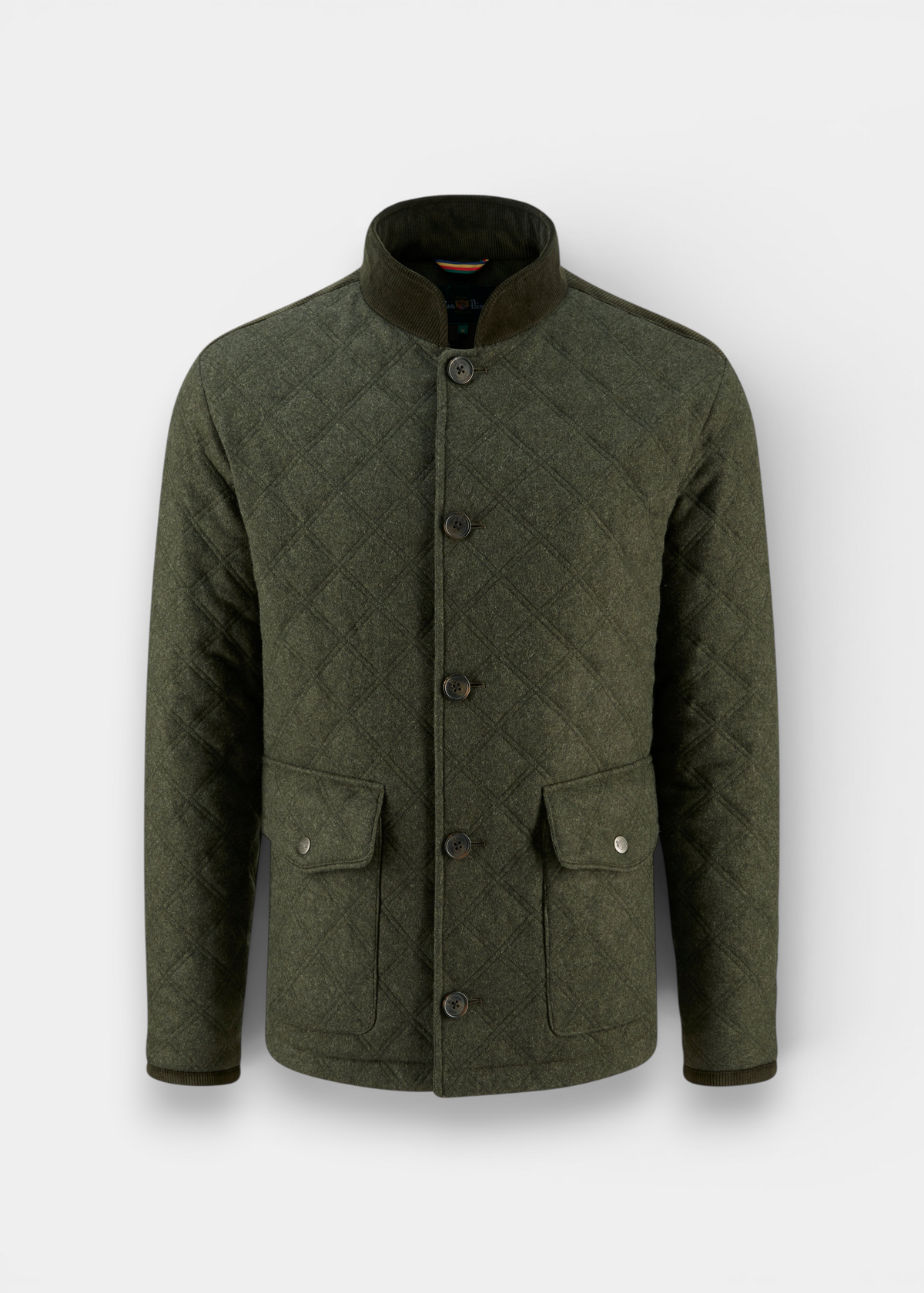 Richmond Men’s Barn Jacket In Olive: a quilted jacket with a high collar, button closure, and two flap pockets.
