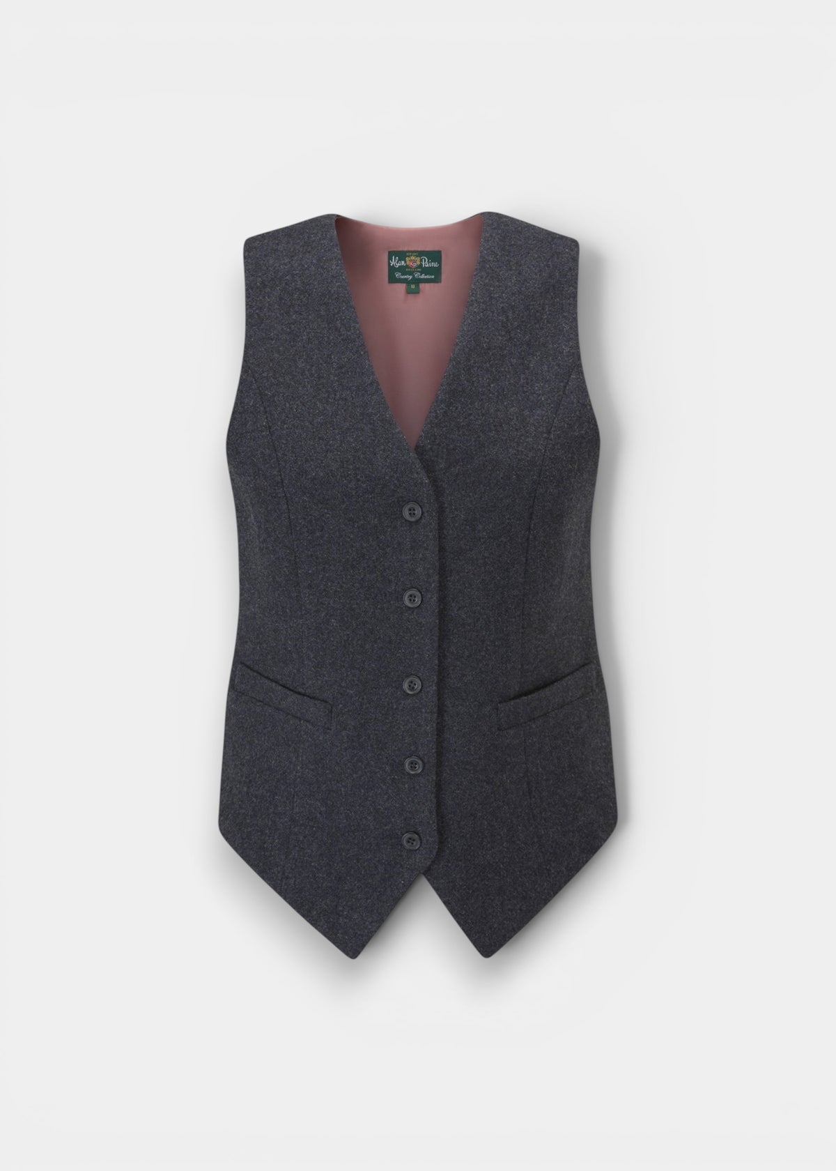 Surrey Ladies Tweed Water Repellent Waistcoat in Blue, a regular fit with four front buttons and two welt pockets.