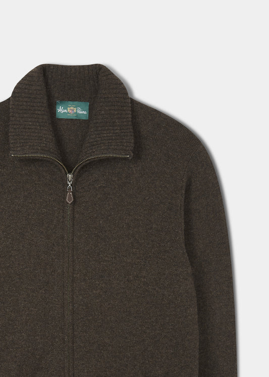 Ballater cocoa lambswool zip mock neck jumper, regular fit—ideal winter layer shown on a white background.