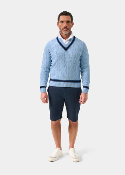 Sandridge Cable Knit Cricket Jumper In Steel Blue and Dark Navy