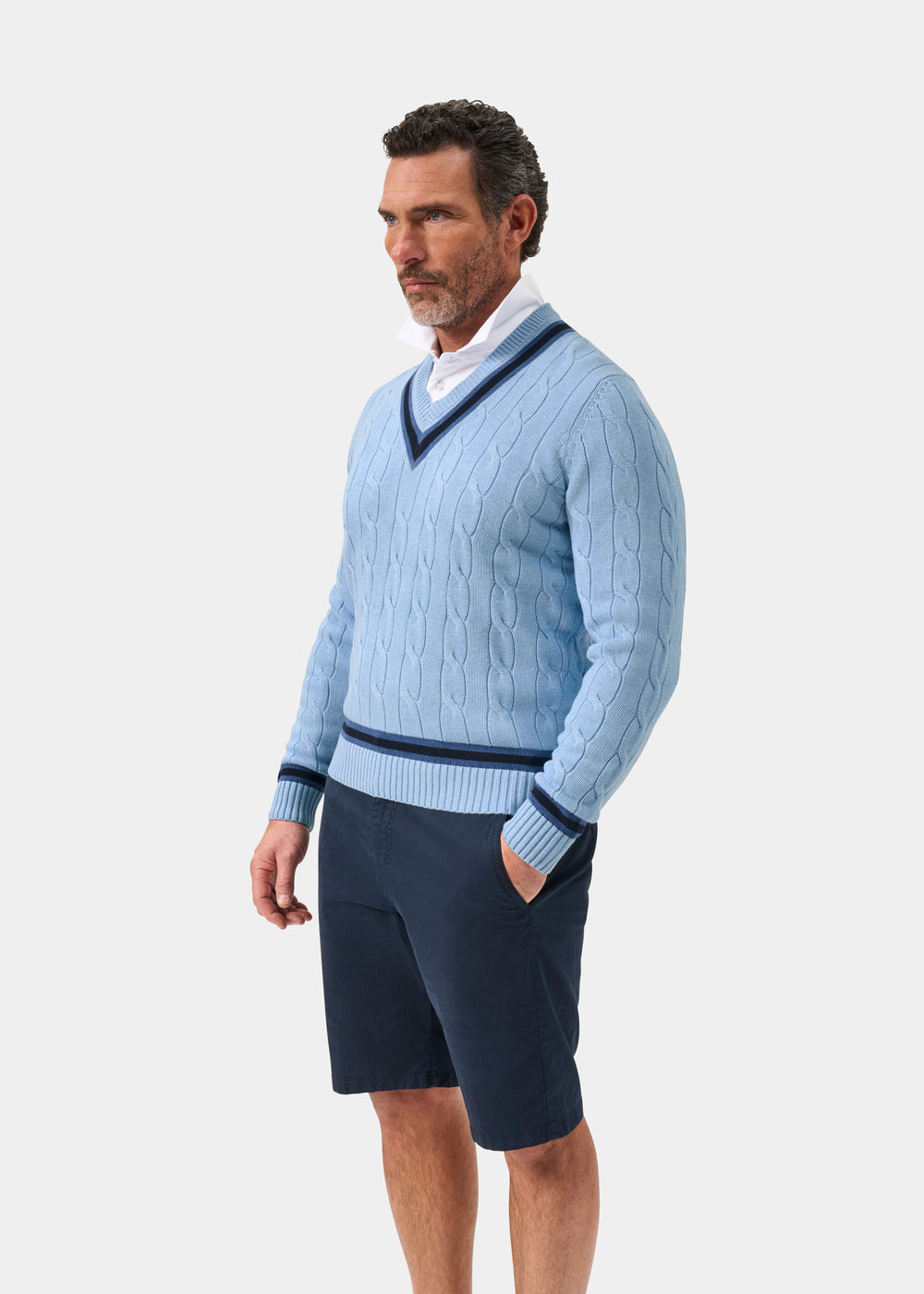 Sandridge Cable Knit Cricket Jumper In Steel Blue and Dark Navy