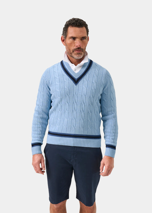 Sandridge Cotton Cable Knit V-Neck Cricket Jumper In Steel Blue and Dark Navy - Regular Fit