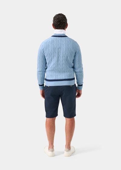 Sandridge Cable Knit Cricket Jumper In Steel Blue and Dark Navy