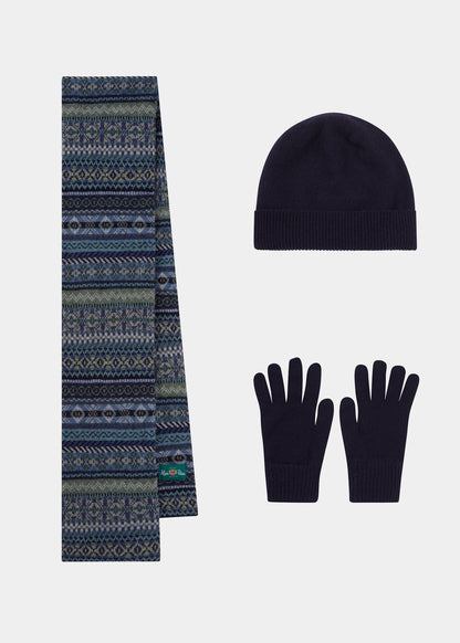 Set Uomo Tideswell in Lana Lavorata a Maglia (Cappello, Sciarpa e Guanti) Color Blu Navy.
