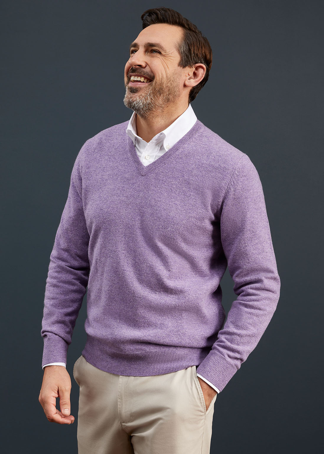 Men's Geelong Lambswool Vee Neck Jumper in Purple Heat