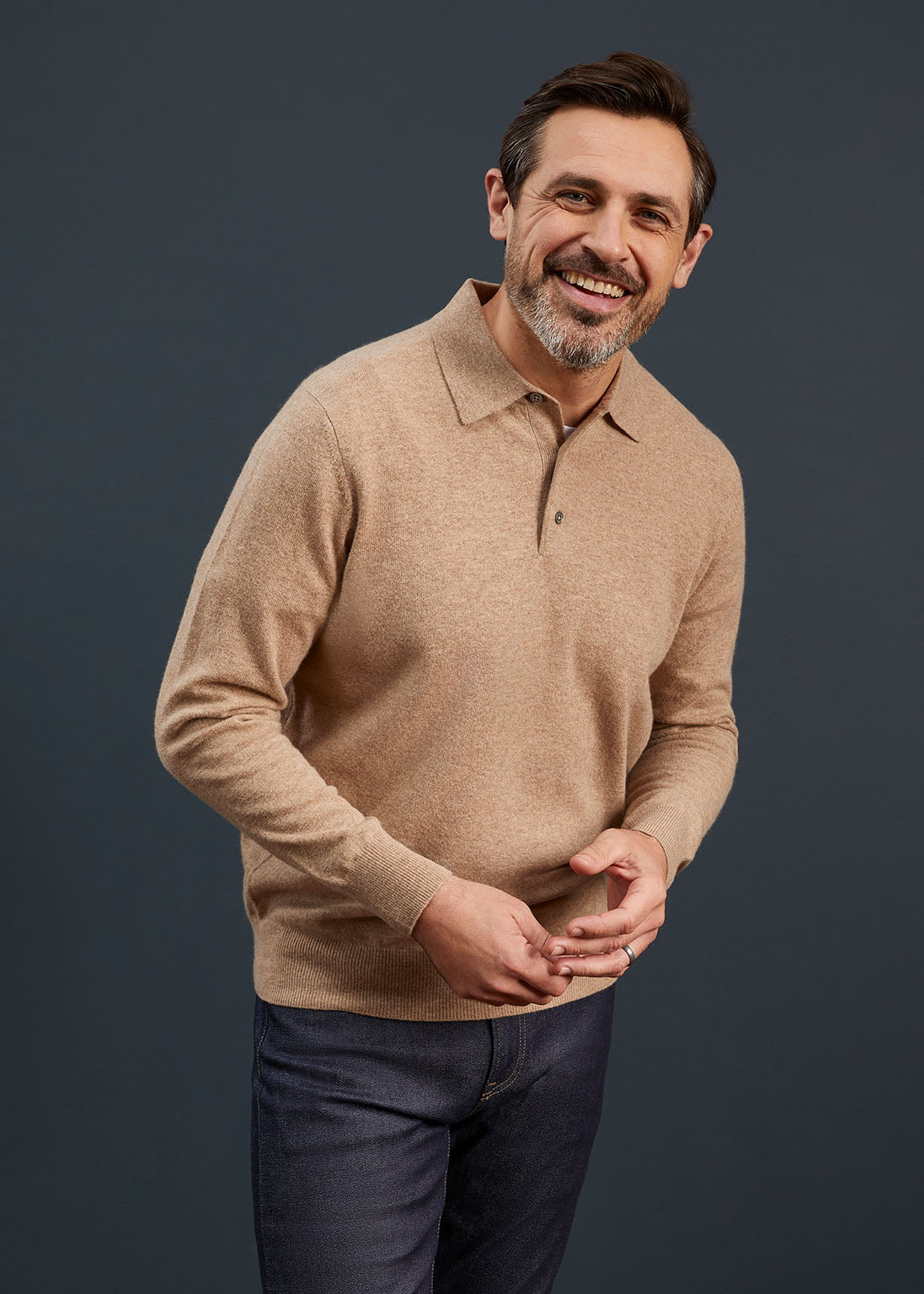 Men's Geelong Lambswool Long Sleeve Polo Shirt in Beige