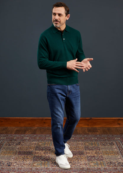 Men's Geelong Lambswool Long Sleeve Polo Shirt in Dark Olive