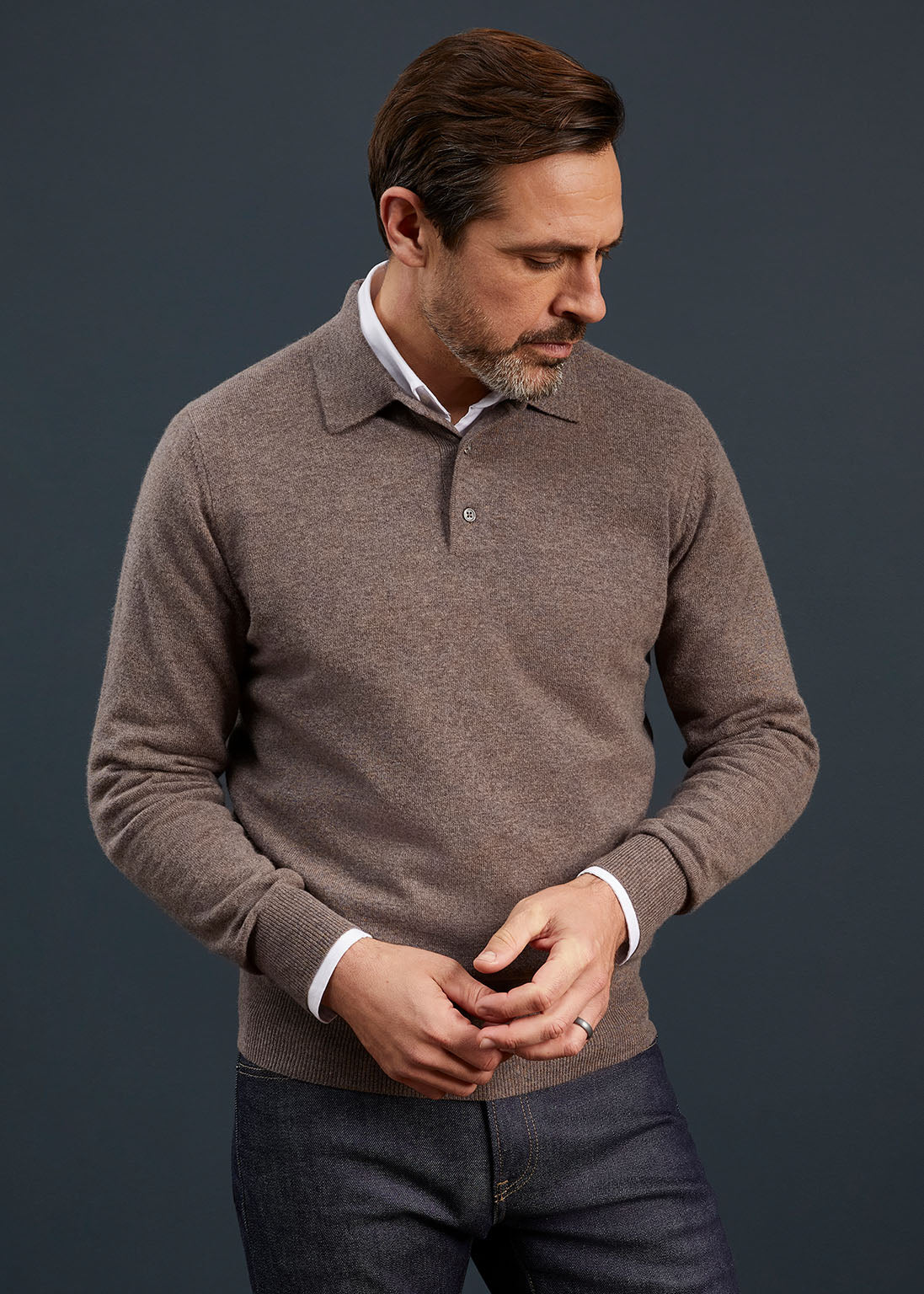 Men's Geelong Lambswool Long Sleeve Polo Shirt in Tobacco