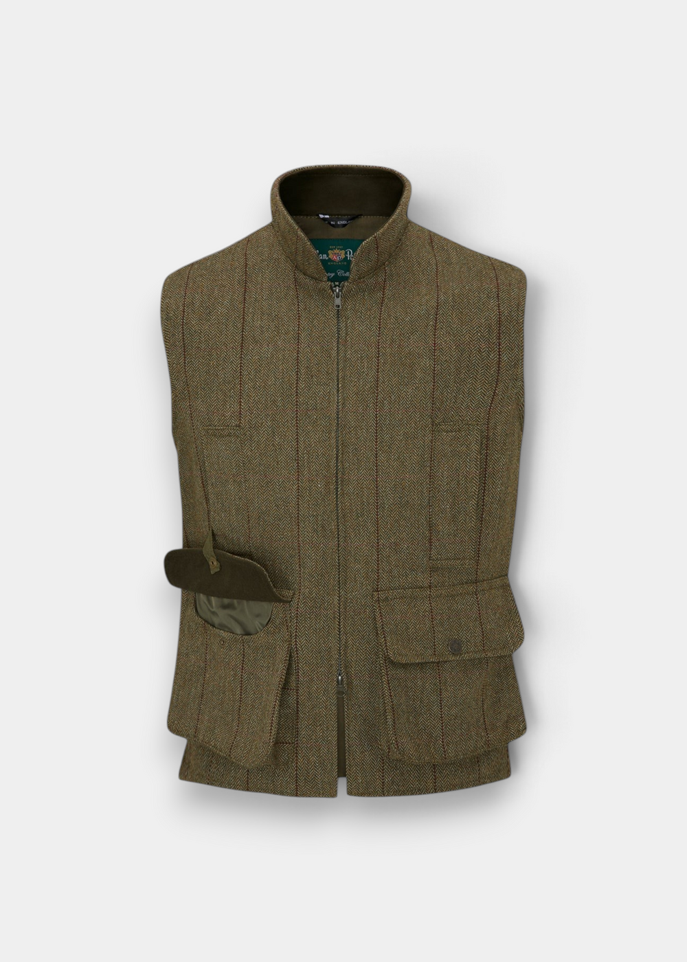 Rutland Men’s Tweed Water Repellent Waistcoat in Oakley: brown herringbone with a zip front, high collar, and two pockets.