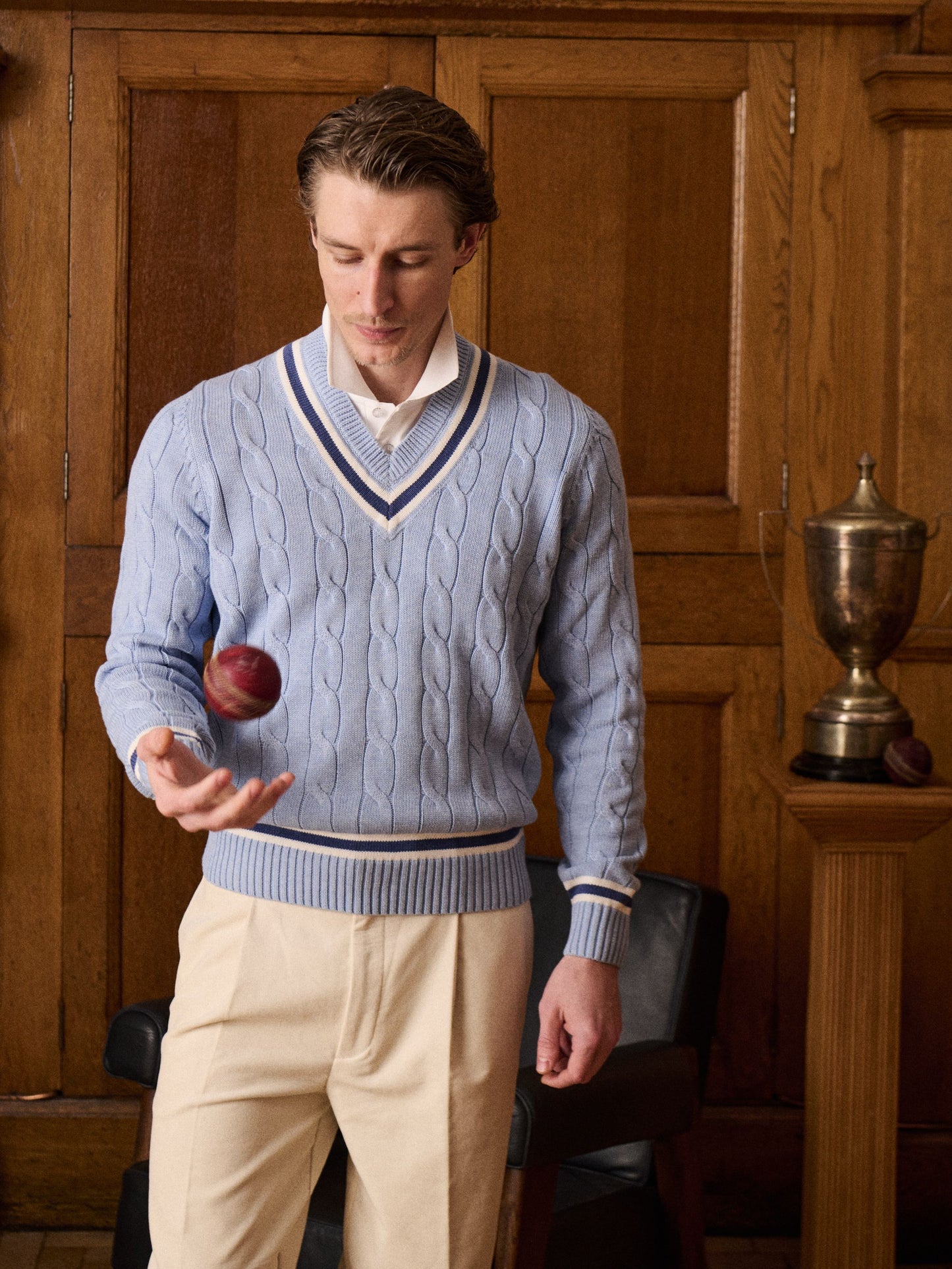 Sandridge Cable Knit Cricket Jumper In Steel Blue and Ecru