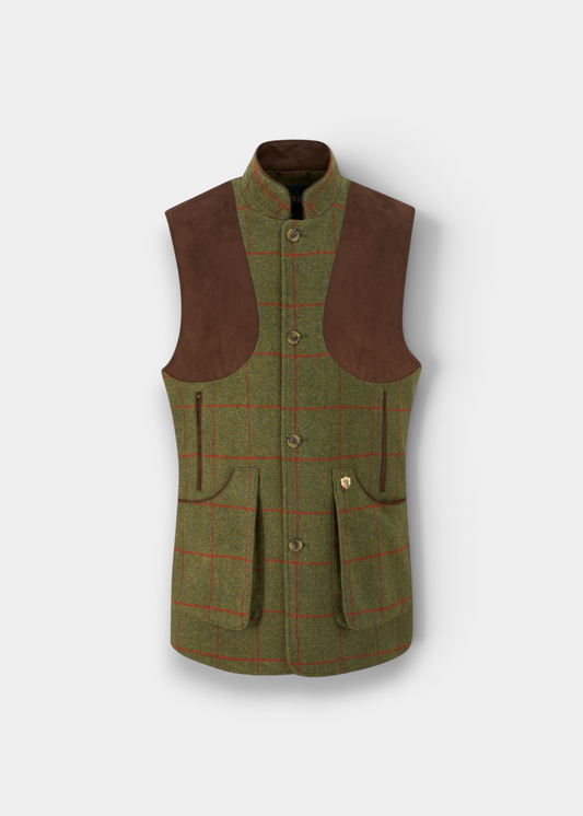 Alan Paine Combrook men's reed green wool tweed shooting gilet with brown suede shoulder patches and zip pockets.