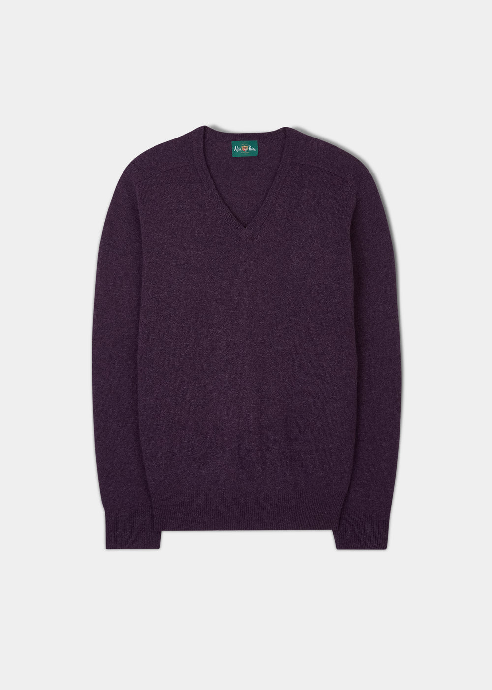 Hampshire Lambswool Vee Neck Jumper in Elderberry, classic fit, shown flat on a white background.