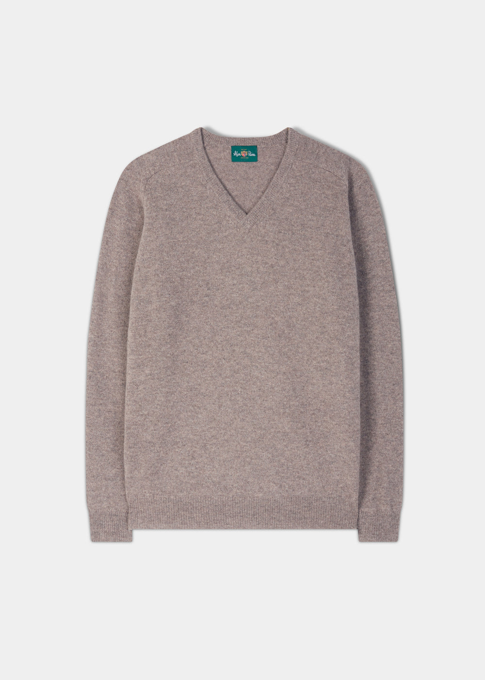 Kilsyth Lambswool Vee Neck Jumper in Vole, regular fit, long sleeves, laid flat on a white background.