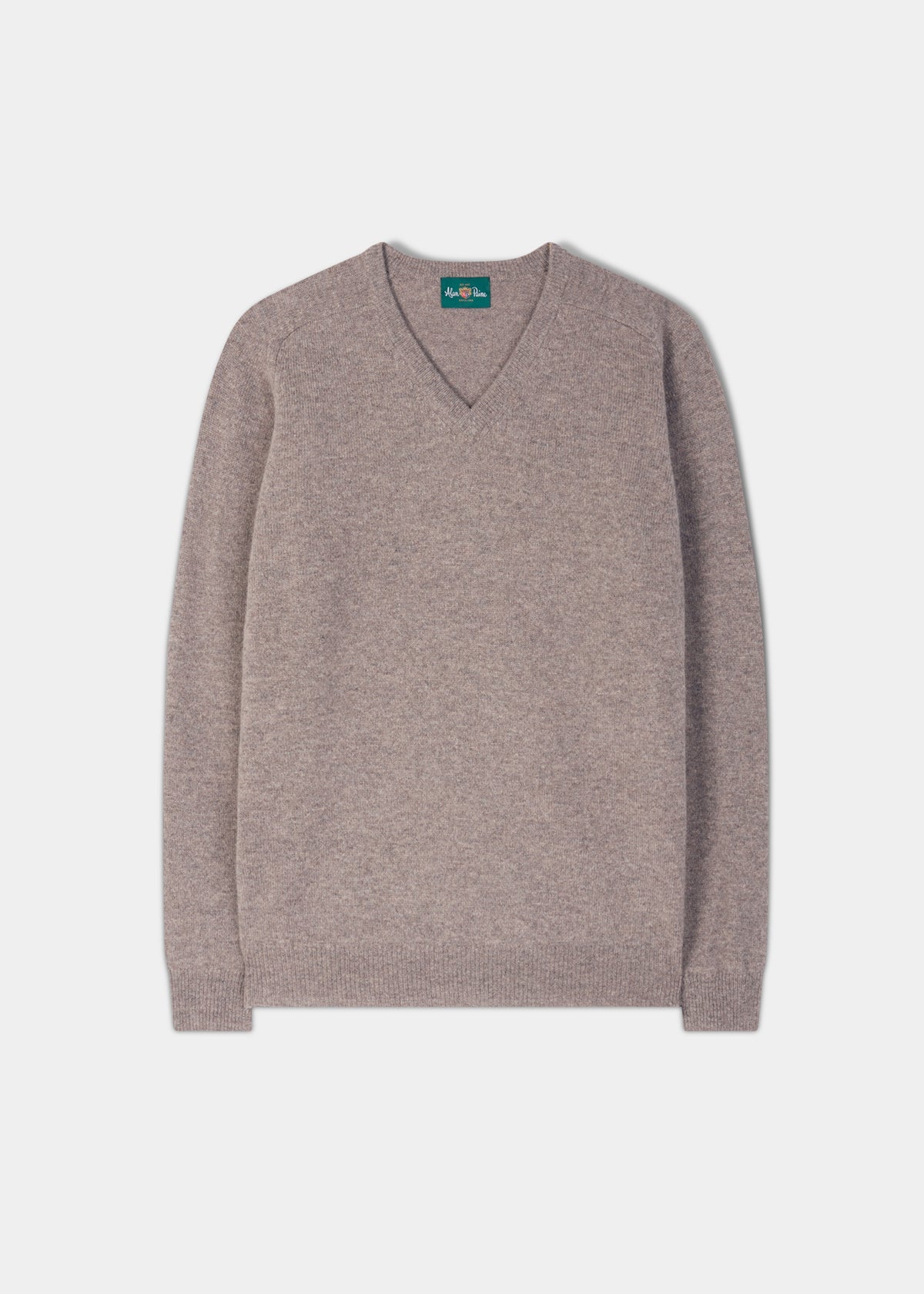 Kilsyth Lambswool Vee Neck Jumper in Vole, regular fit, long sleeves, laid flat on a white background.