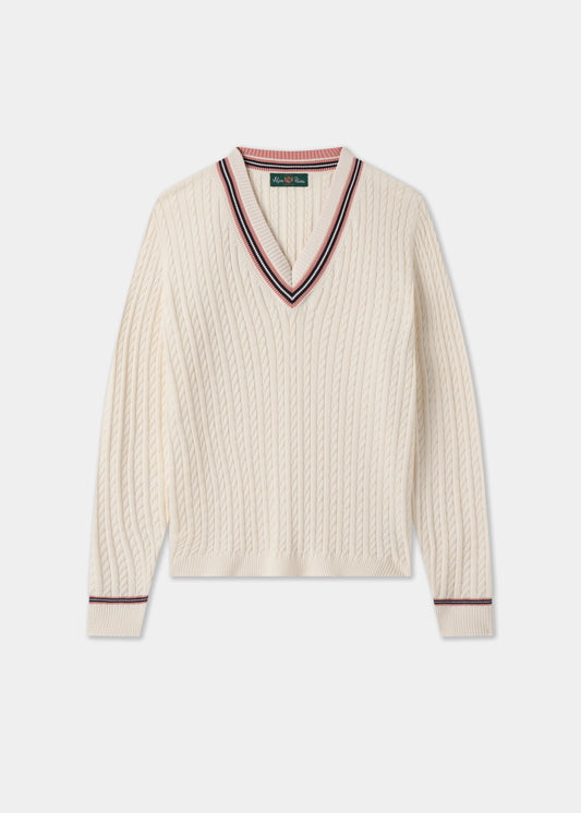 Ladies Cotton Cable Knit Cricket Jumper in White