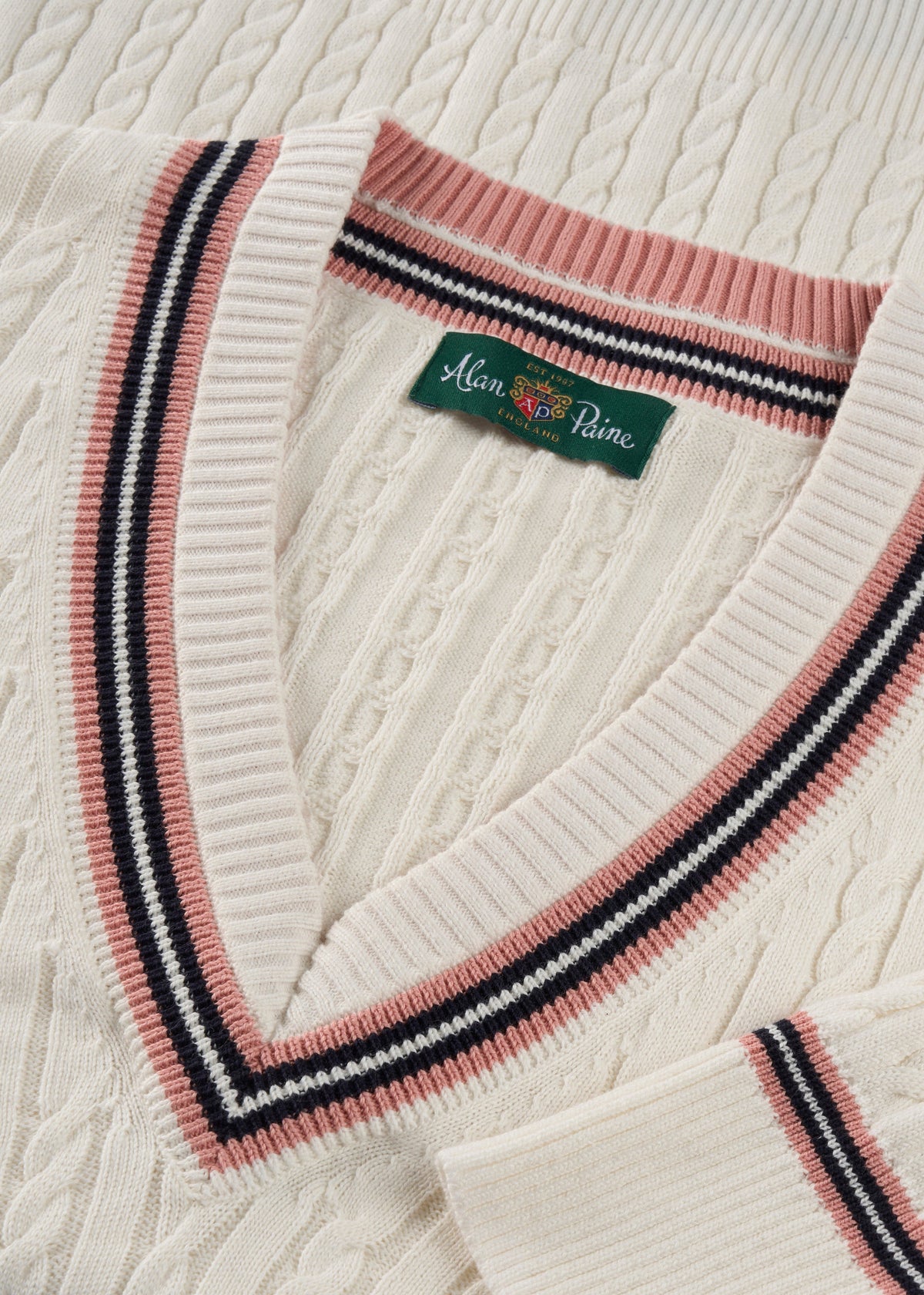 Ladies Cotton Cable Knit Cricket Jumper in White