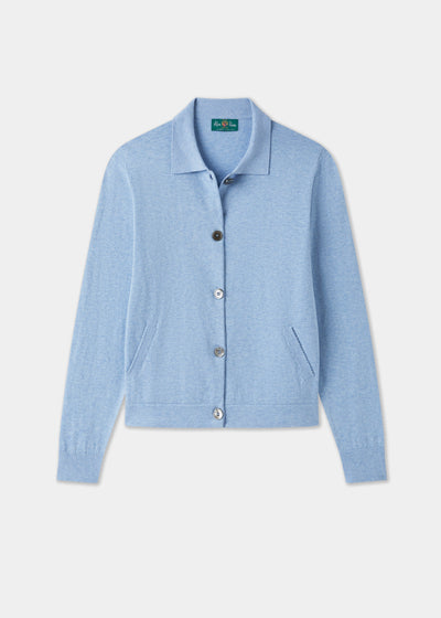 Ladies Cotton Cashmere Collared Cardigan in Light Blue