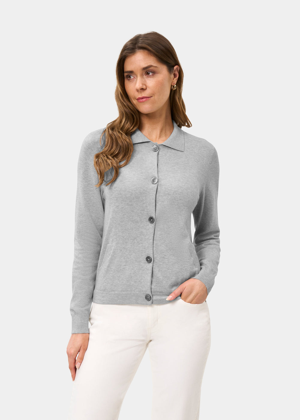 Ladies Cotton Cashmere Collared Cardigan in Light Grey