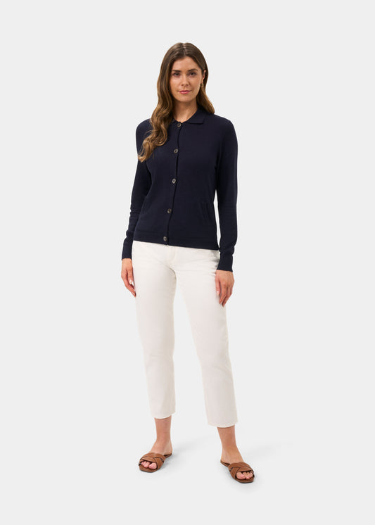 Ladies Cotton Cashmere Collared Cardigan in Navy