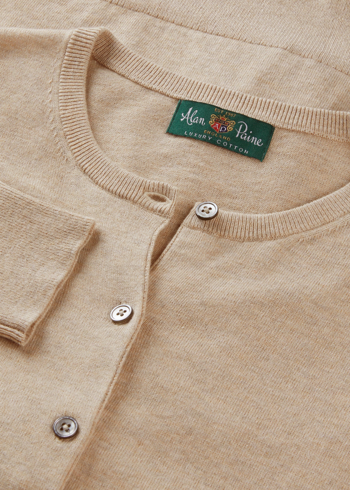 Ladies Cotton Cashmere Crew Neck Cardigan in Beige