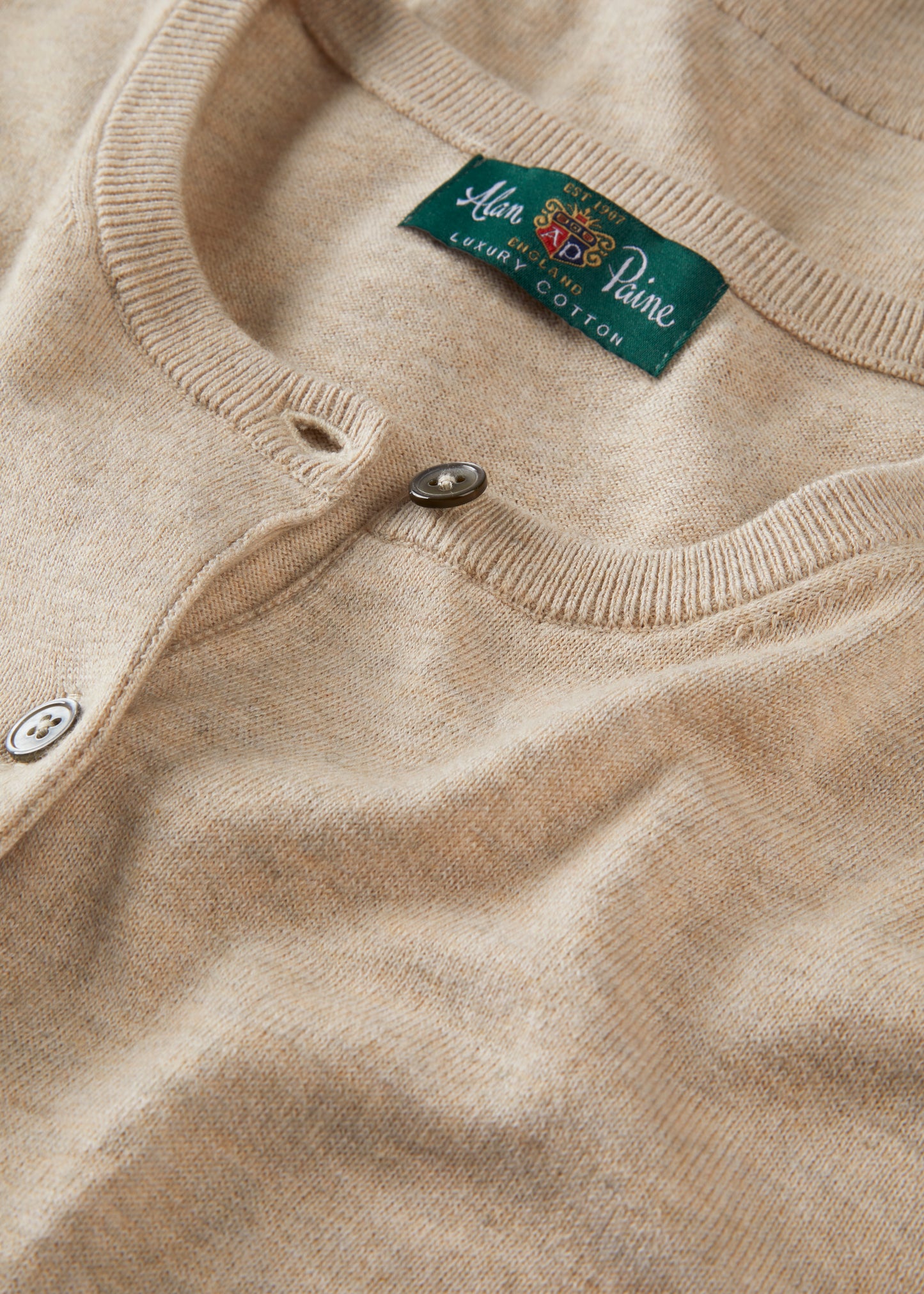 Ladies Cotton Cashmere Crew Neck Cardigan in Beige