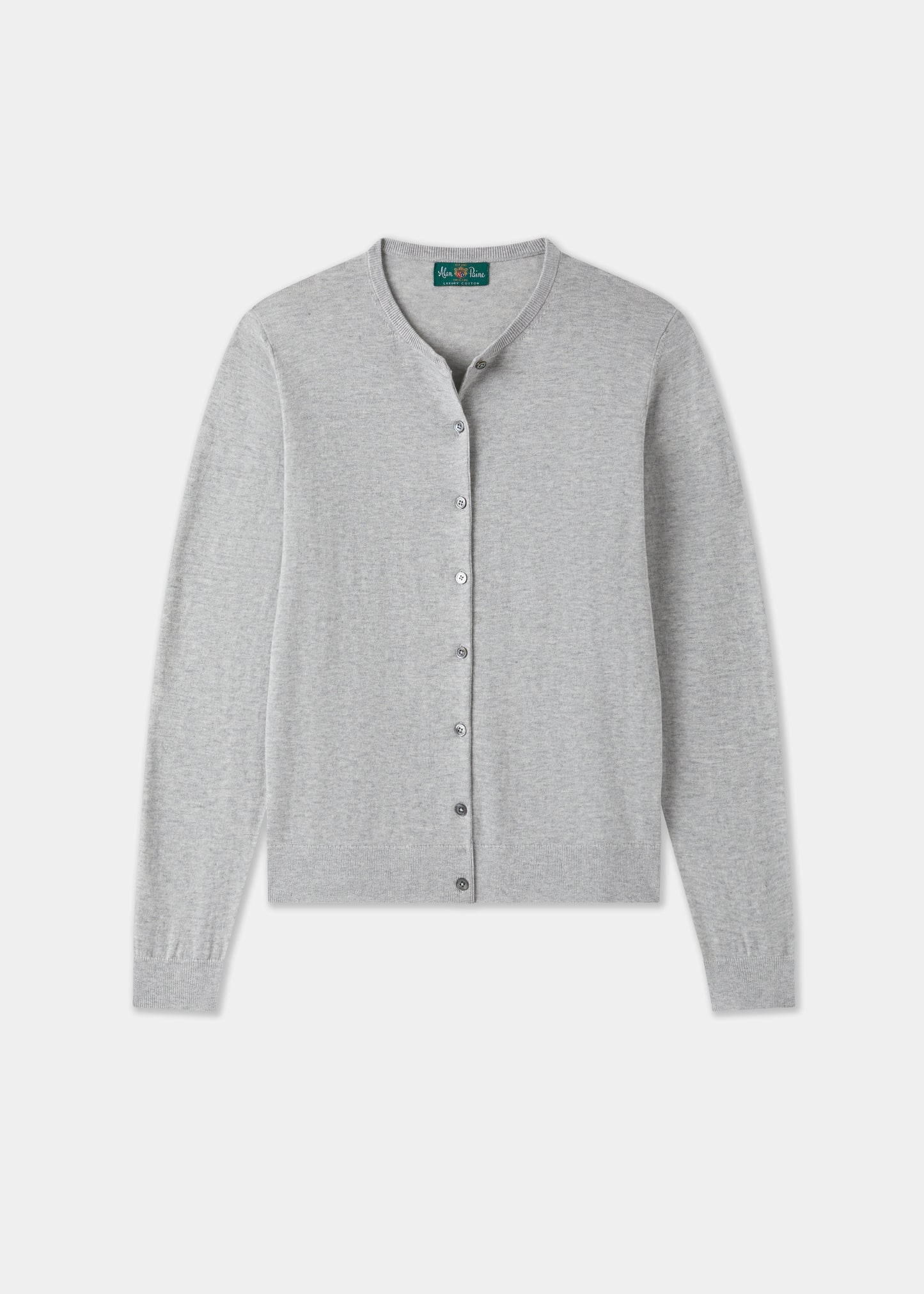 Ladies Cotton Cashmere Crew Neck Cardigan in Light Grey