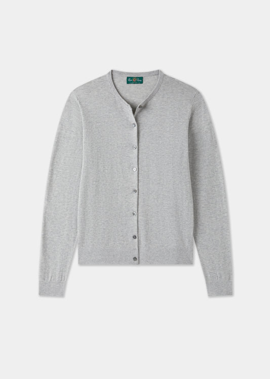 Ladies Cotton Cashmere Crew Neck Cardigan in Light Grey