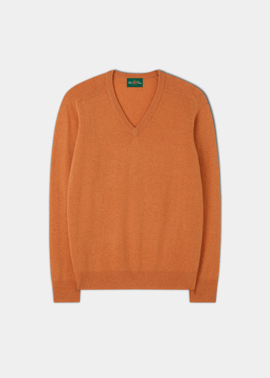Maglione da uomo con collo a V in lana d'agnello in arancione Jaffa - Vestibilità classica