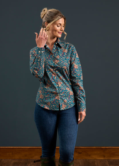 Lawen Ladies Printed Cotton Shirt - Blue Floral Design