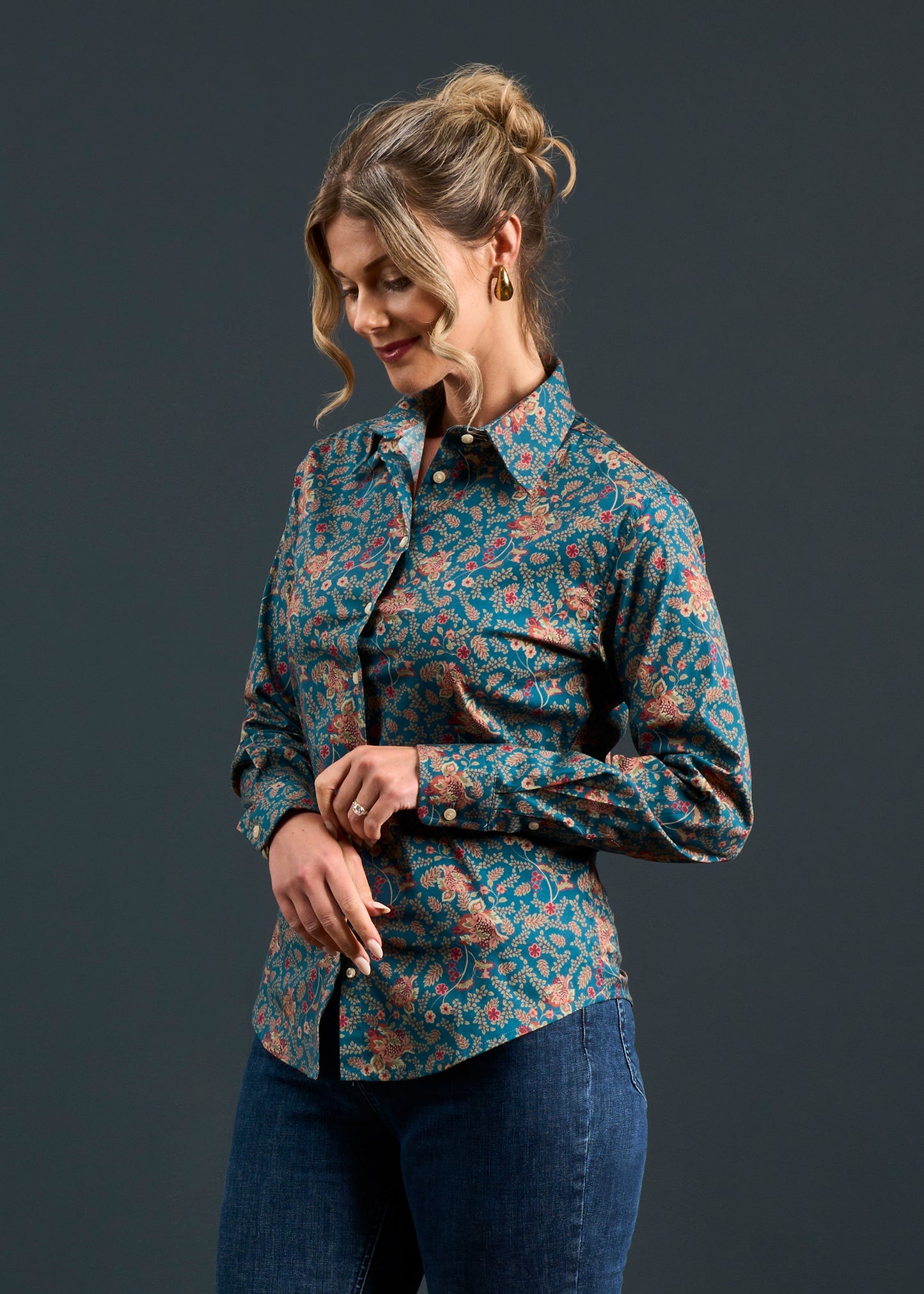 Lawen Ladies Printed Cotton Shirt - Blue Floral Design