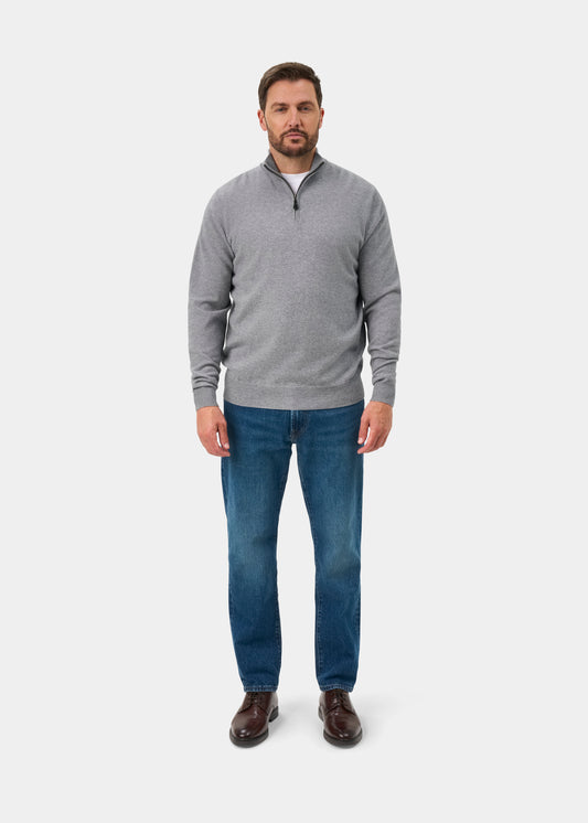 Hanbury Cashmere Zipped Mock Neck Jumper in Light Grey Mix - Regular Fit