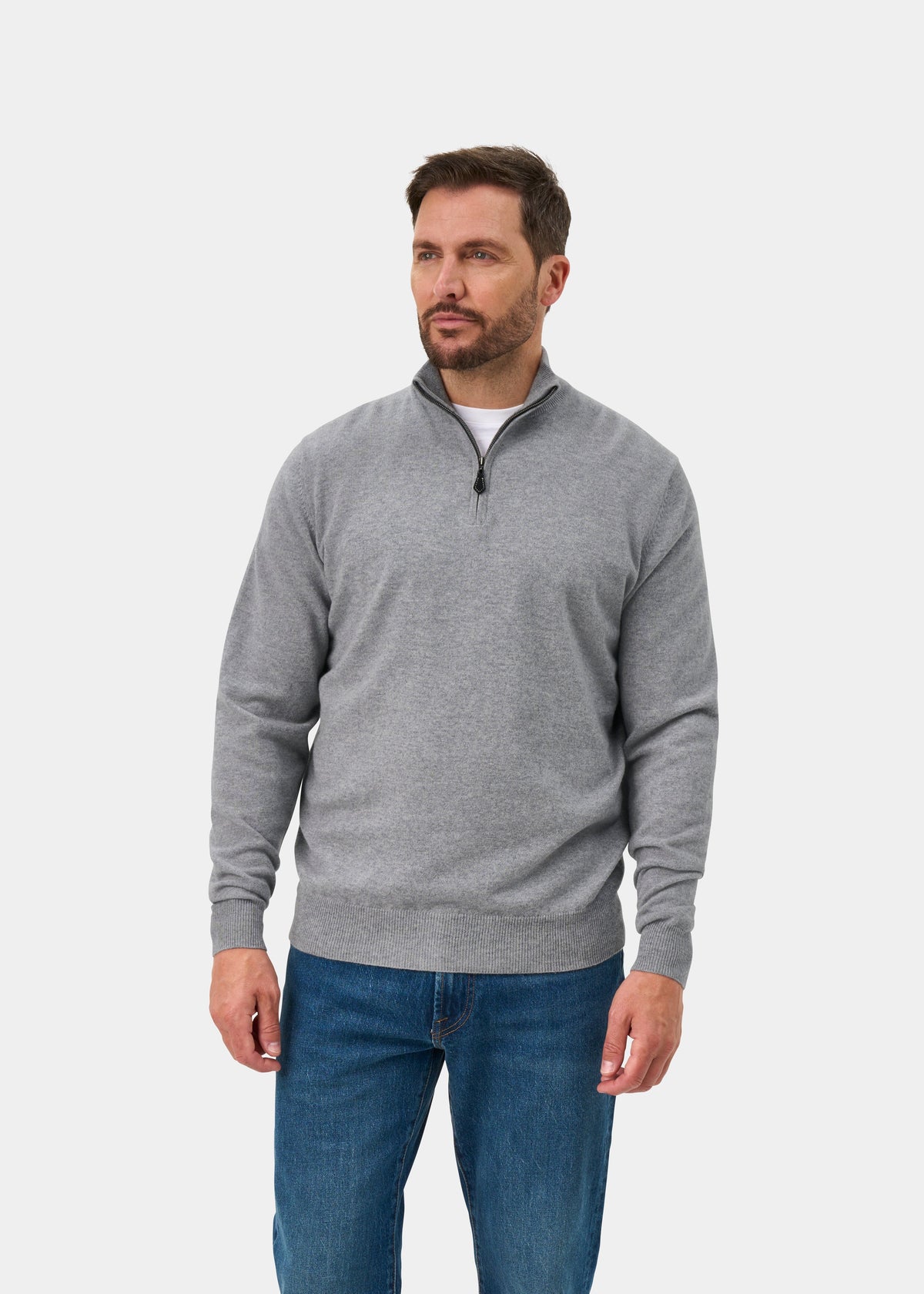 Hanbury Pure Cashmere Quarter Zip Jumper In Light Grey Mix - Regular Fit