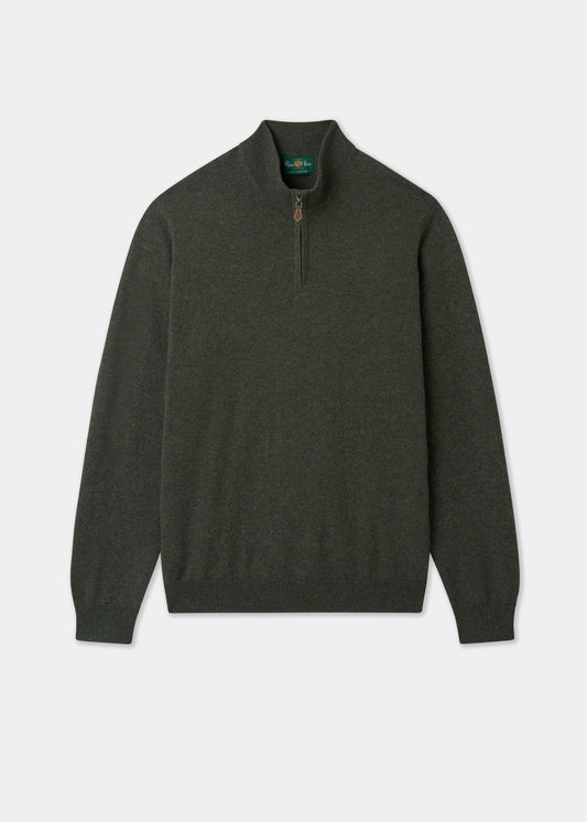 Hanbury Pure Cashmere Quarter Zip Jumper in Rosemary, regular fit, 100% cashmere, ribbed cuffs and hem.