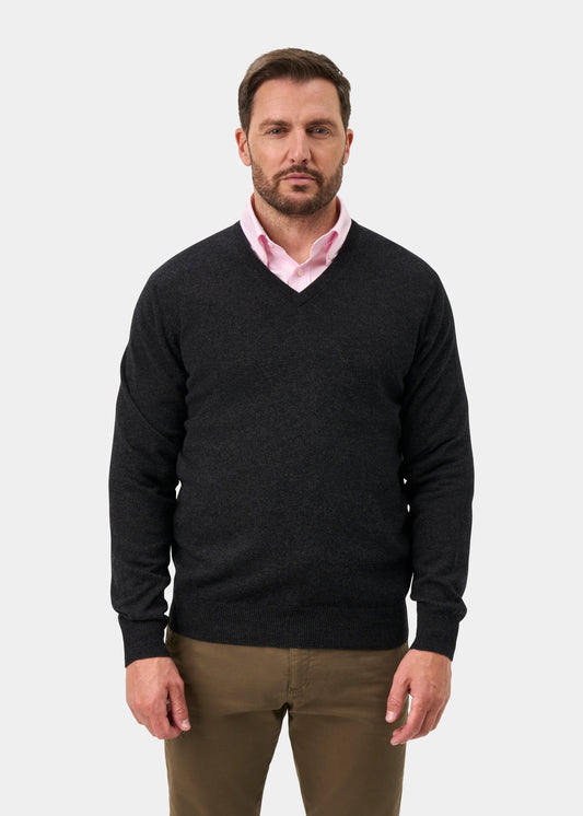 Haddington Pure Cashmere V-Neck Jumper In Charcoal - Regular Fit