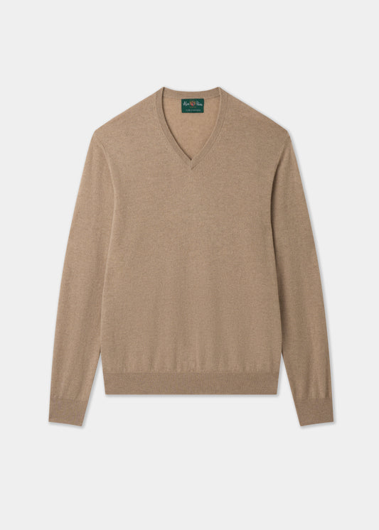 Men's Cashmere Vee Neck Jumper in Linen