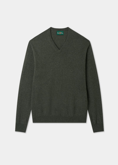 Men's Cashmere Vee Neck Jumper in Rosemary