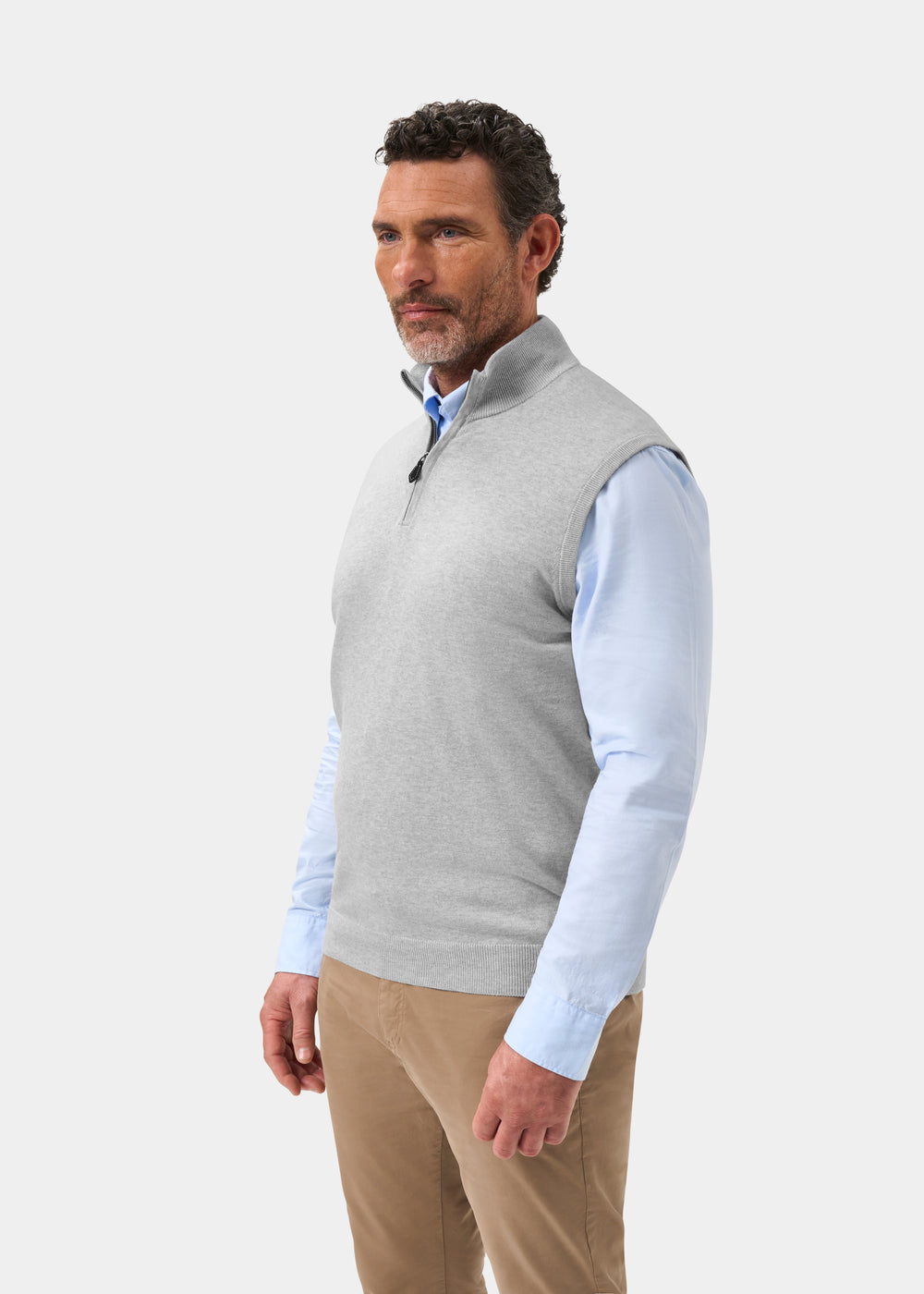 Men's Cotton Cashmere Quarter Zip Gilet in Light Grey