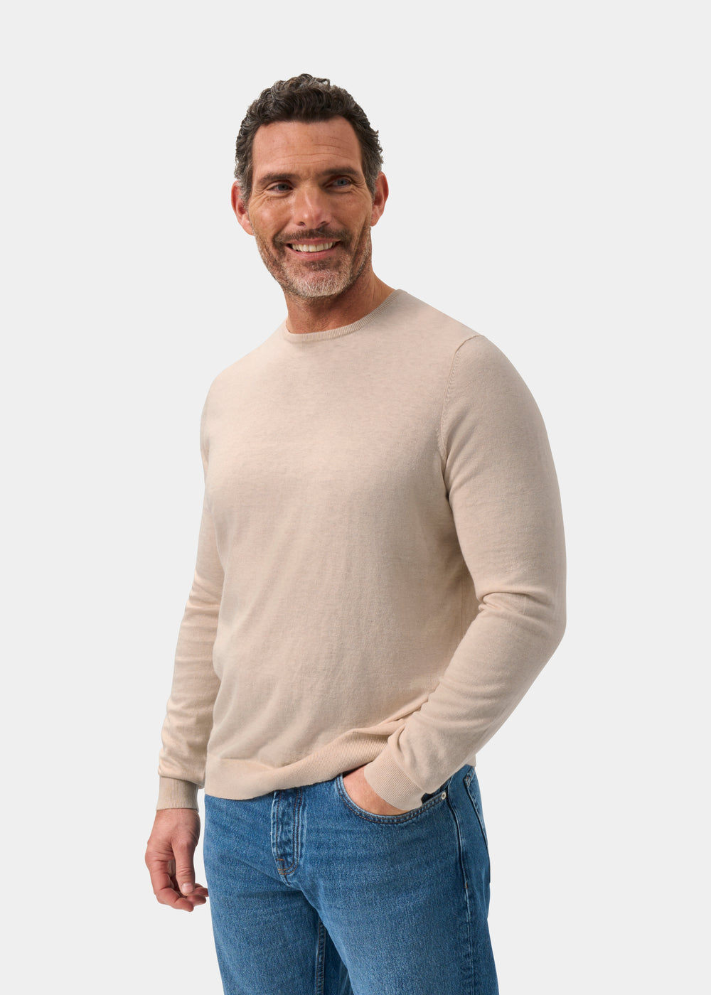 Men's Cotton Cashmere Crew Neck Jumper in Beige